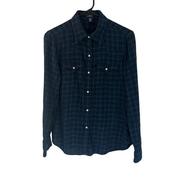 Chaps Men’s Snap Button Up Plaid Shirt Medium Long Sleeve Western Navy Green Top - Picture 1 of 5